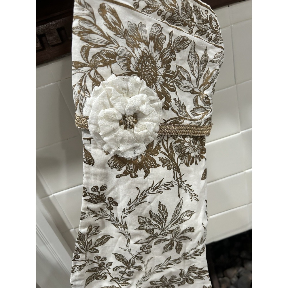 April Cornell Felicity Gold  Toile Floral Christmas Stocking‎ Crocheted Flower - Picture 2 of 12